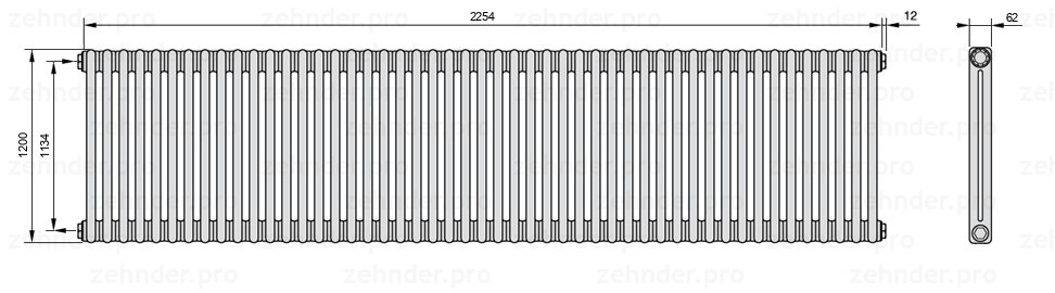 Схема (чертеж) Радиатор Zehnder Charleston 2120/49 №1270 Белый глянцевый RAL 9016